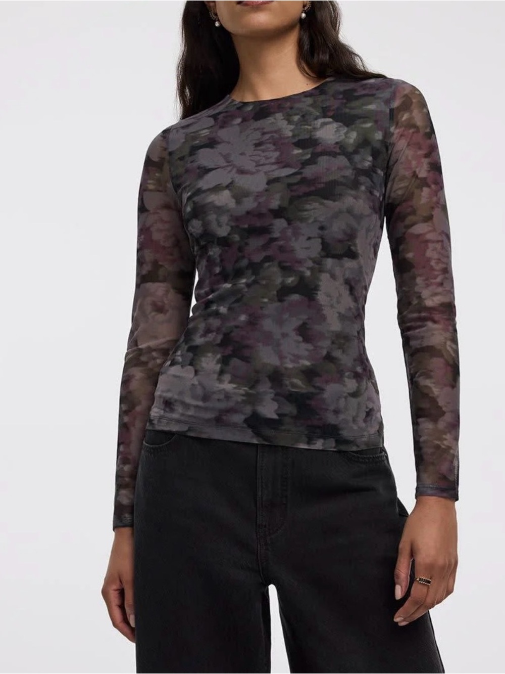 Reitmans Sheer Floral-Print Long Sleeve Tee in Charcoal and Plum